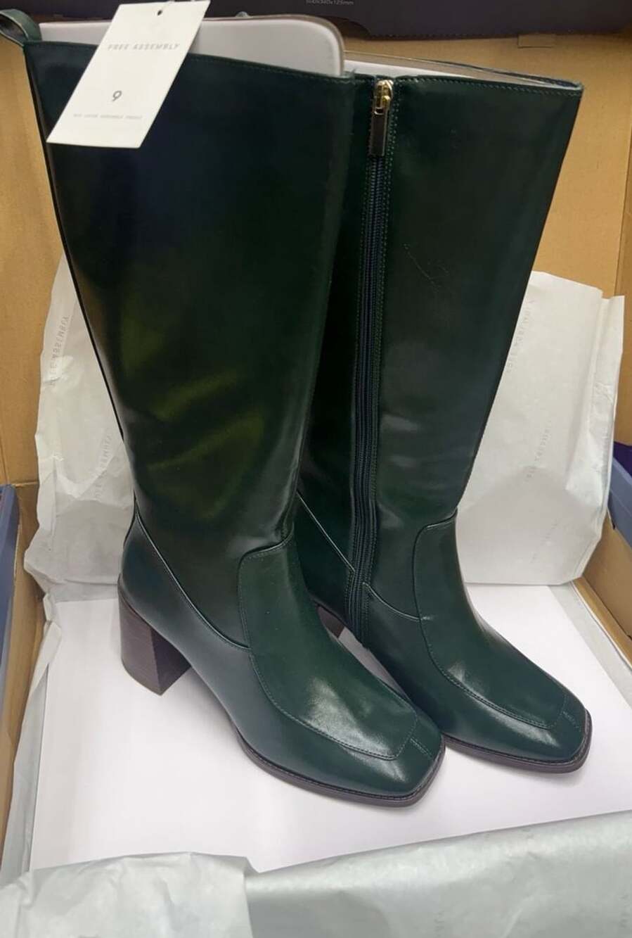 Free Assembly Square Toe Tall Boots Size 9 Dark Green Faux Leather Block Heel